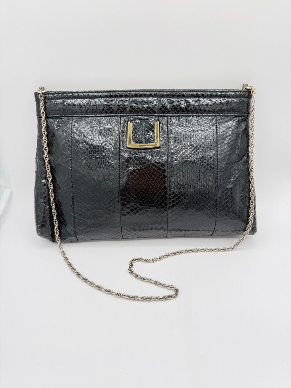 Vintage Black Snakeskin Purse With Gold Tone Accents And Chain Strap